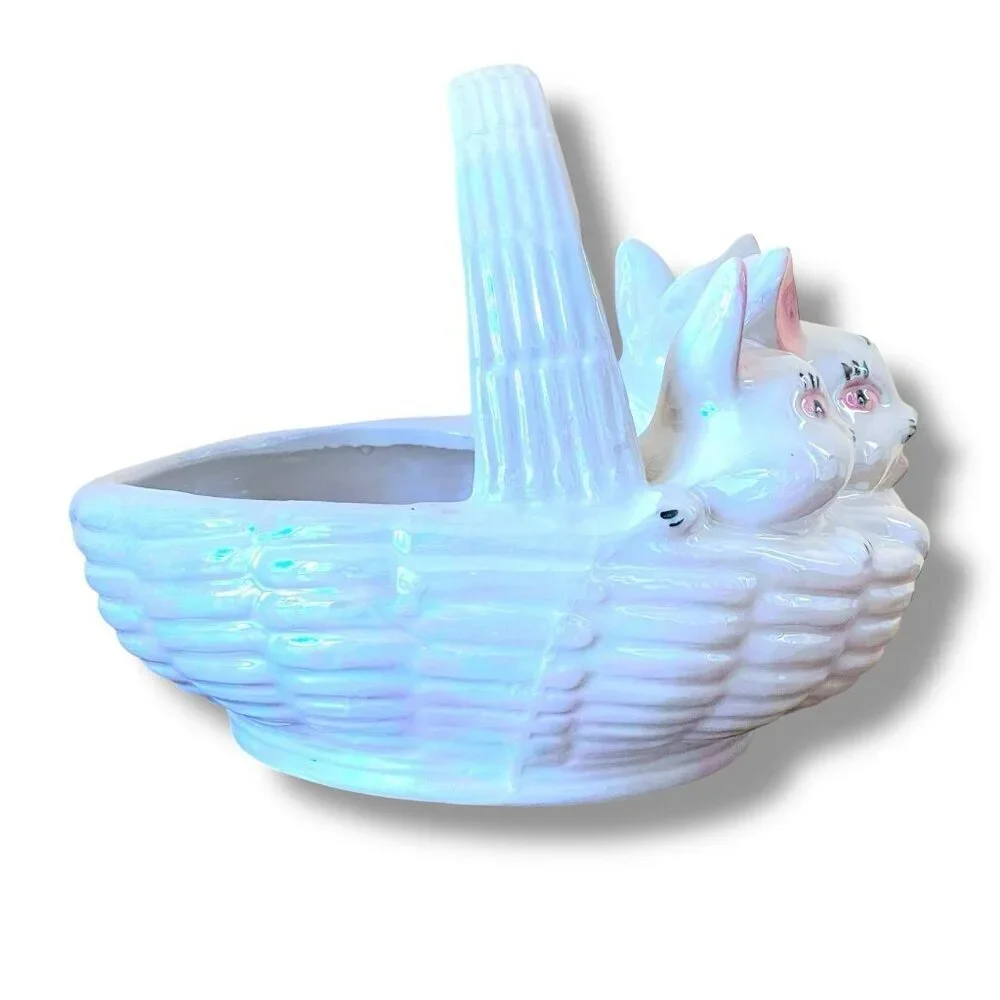 Vintage Atlantic Mold Ceramic Easter Basket Iridescent Bunny Rabbits Candy Dish